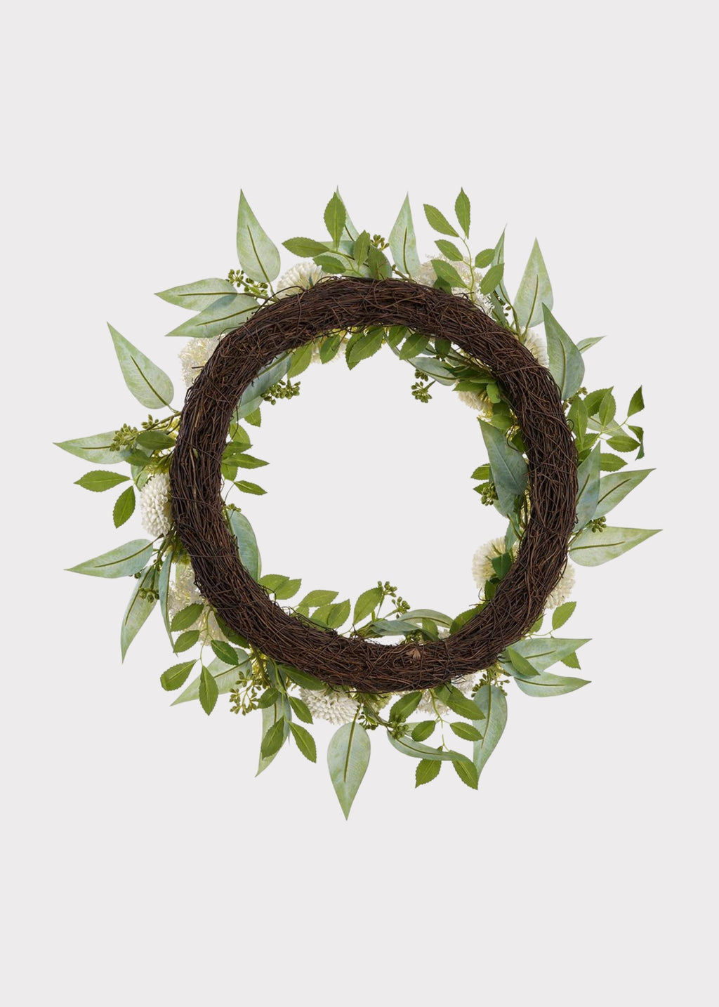Cream Green Fake Snowball and Mum Flower Wreath with Sedum - 24"