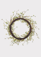 Artificial Wispy Cherry Blossom Flower Wreath in Cream Green - 24"